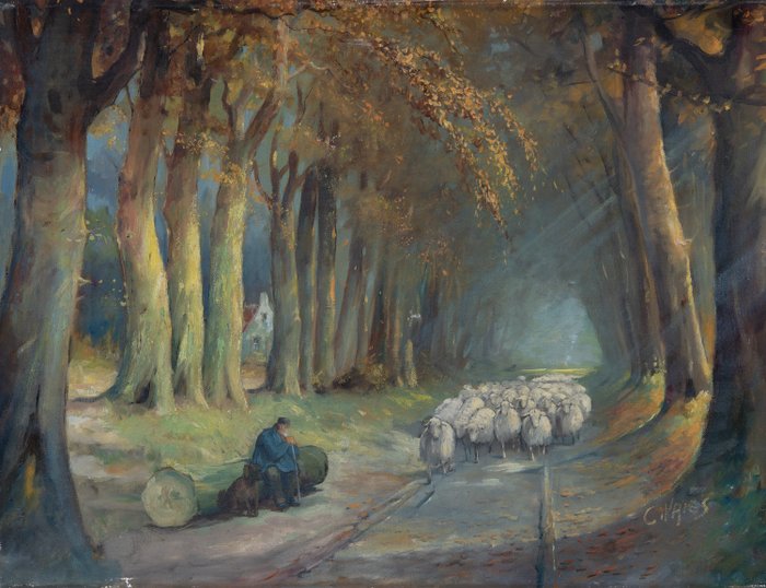 Hollandse School (XX) - Herder en kudde Schapen in het Bos