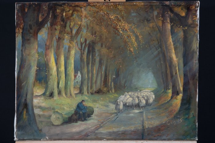 Hollandse School (XX) - Herder en kudde Schapen in het Bos