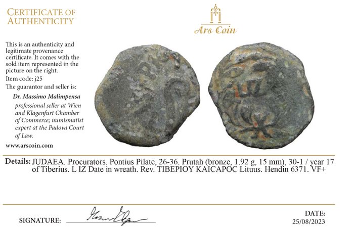 Judaea. Pontius Pilatus (AD 26-36). Prutah "Lituus"  (Ingen mindstepris)