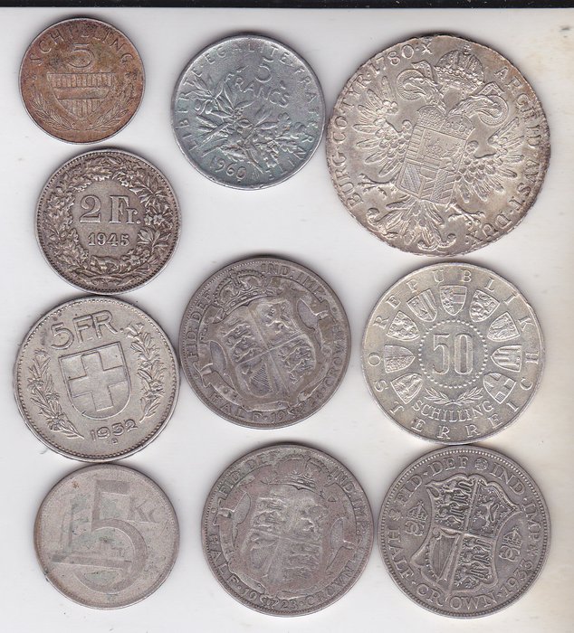 Europa, England, Østrig, Schweiz. Collection of 10 silver coins  (Ingen mindstepris)