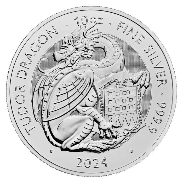 Storbritannien. 2024 10 oz £10 GBP Silver Tudor Beasts – Dragon Coin BU (In Capsule)