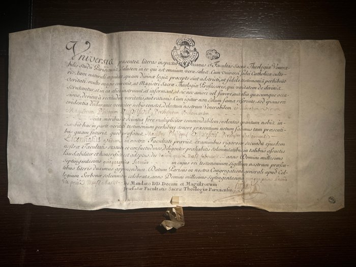 Dean of the old university of Paris - Vellum Certification  for Pilippus Dupression - 1752