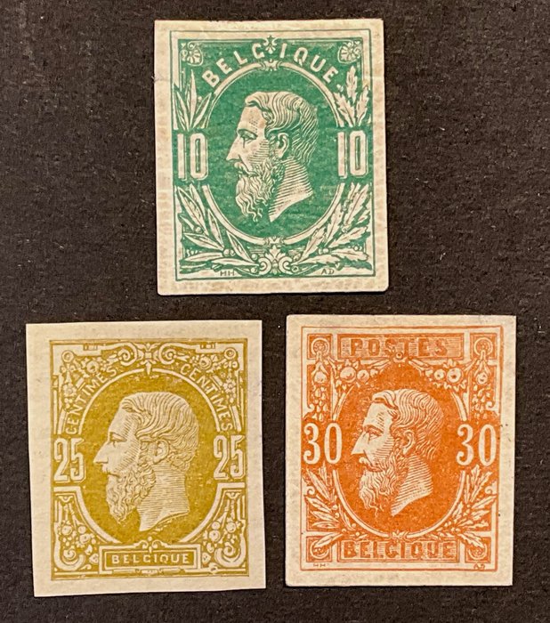 Belgien 1869/1883 - Leopold II 'New Types' - 10c Grøn, 25c Bister, 30c okkerrød - UPUTTET - OBP 30ND, 32ND, 33ND