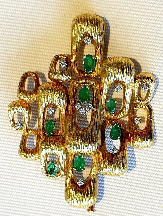 Broche - 18 kraat Gulguld Hvidguld -  481ct tw Smaragd - Diamant - HÅNDSLØBET 3365G 18K GULD