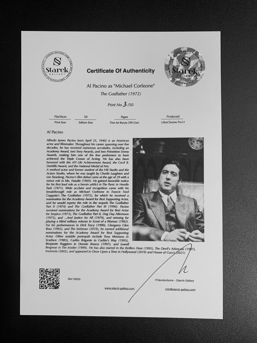 The Godfather, Al Pacino as "Michael Corleone" - Fine Art Photography - Luxury Wooden Framed 70X50 cm - Limited Edition Nr 01 of 30 - Serial ID 16838 - Original Certificate (COA), Hologram Logo Editor and QR Code - 100% New items.