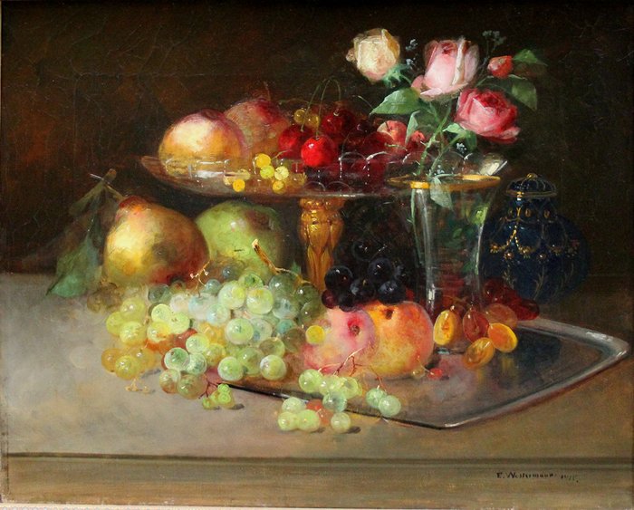 E. Westermann (XX) - Still life with fruits and flowers in glass vases