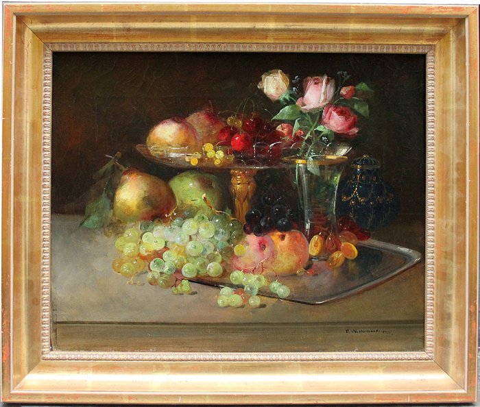 E. Westermann (XX) - Still life with fruits and flowers in glass vases