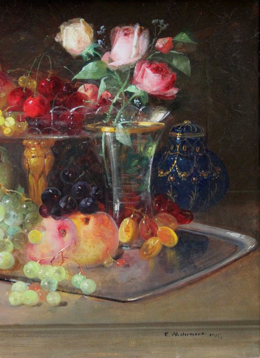 E. Westermann (XX) - Still life with fruits and flowers in glass vases