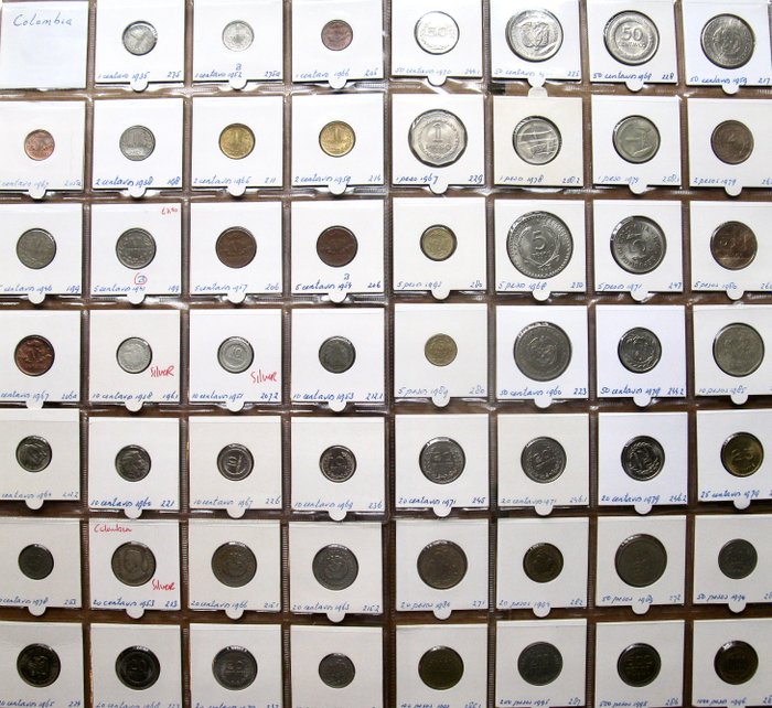 Colombia. Type Collection with 55 different coins 1935-1996 including 3x silver  (Ingen mindstepris)