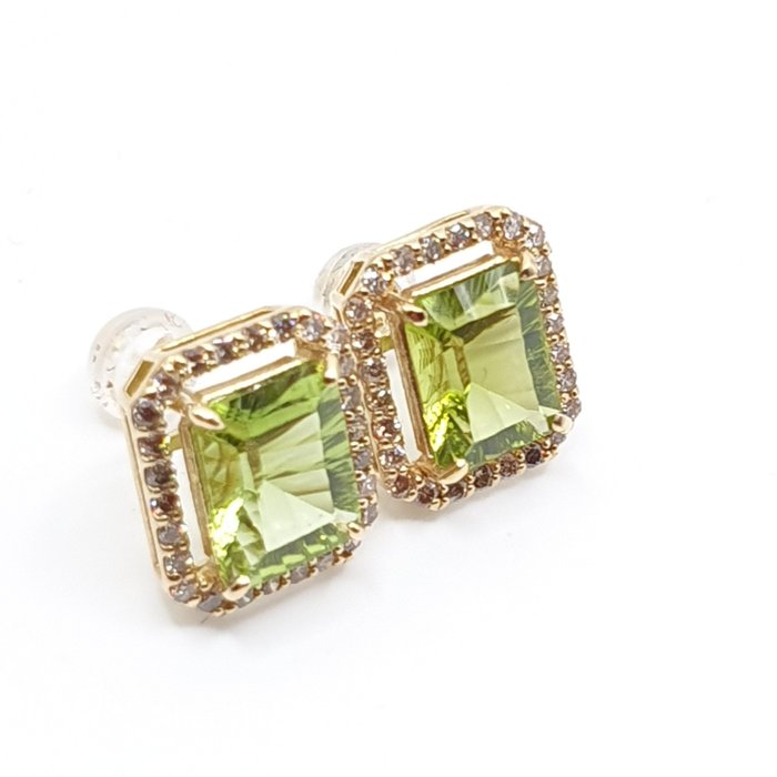 Øreringe - 18 kraat Gulguld -  4.50ct. tw. Peridot - Diamant