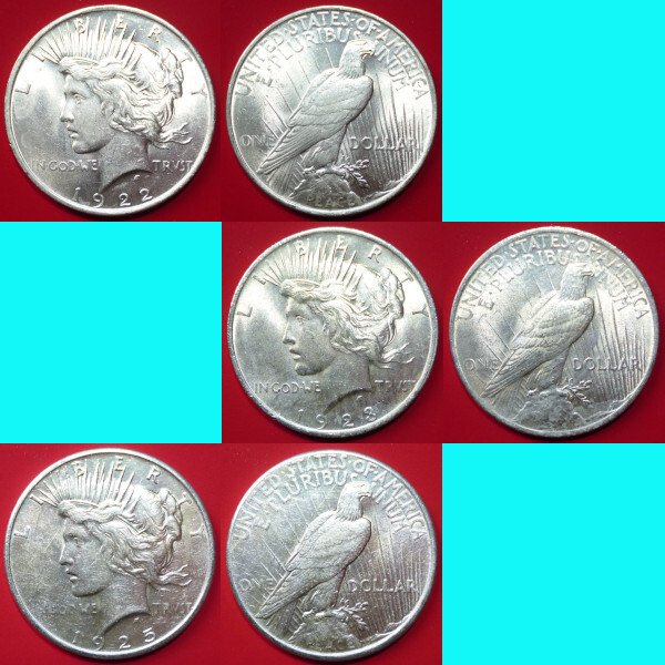 Förenta staterna. A Lot of 3x USA Silver Peace Dollars 1922, 1923, 1925  (Ingen mindstepris)