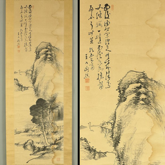 Waterside Village Mountain Landscape Sansui - with signature 'Chokunyu sansho chi' 直入山樵痴 and seal 'Denchi no in' 田痴之印 'Kozetsushi' 顧絶氏 - Japan - Meiji-perioden (1868-1912)  (Ingen mindstepris)