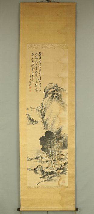 Waterside Village Mountain Landscape Sansui - with signature 'Chokunyu sansho chi' 直入山樵痴 and seal 'Denchi no in' 田痴之印 'Kozetsushi' 顧絶氏 - Japan - Meiji-perioden (1868-1912)  (Ingen mindstepris)