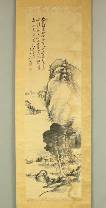 Waterside Village Mountain Landscape Sansui - with signature 'Chokunyu sansho chi' 直入山樵痴 and seal 'Denchi no in' 田痴之印 'Kozetsushi' 顧絶氏 - Japan - Meiji-perioden (1868-1912)  (Ingen mindstepris)