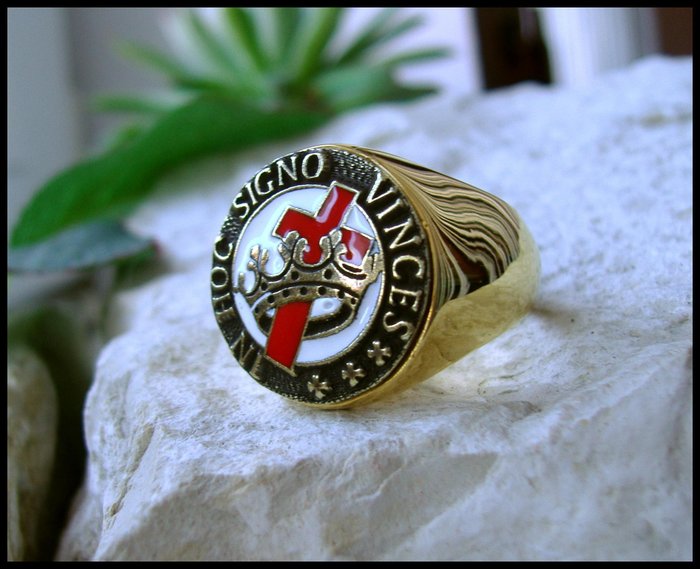 Sjælden Knights Templar Cross Crown Christianity Keramisk Latin 24kt forgyldt - Ring