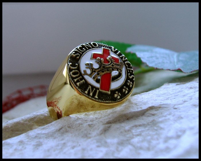 Sjælden Knights Templar Cross Crown Christianity Keramisk Latin 24kt forgyldt - Ring