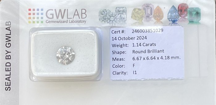 Ingen mindstepris - 1 pcs Diamant  (Natur)  - 1.14 ct - Rund - F - I1 - Gemewizard Gemological Laboratory (GWLab)