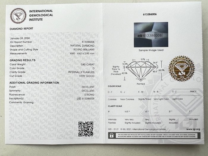 1 pcs Diamant  (Natur)  - 040 ct - Rund - D (farveløs) - IF - International Gemological Institute (IGI)