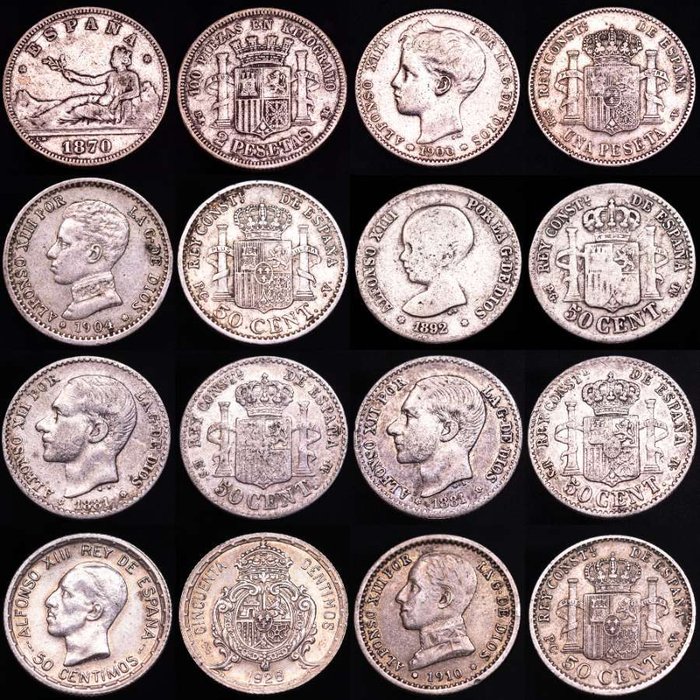 Spanien. Gobierno provisional, Alfonso XII y XIII. Conjunto de 8 monedas de plata de finales del siglo XIX.  (Ingen mindstepris)