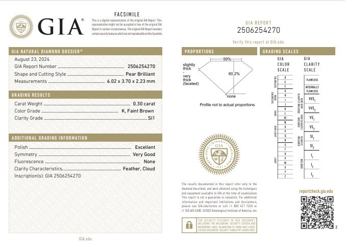 1 pcs Diamant  (Natur)  - 0.30 ct - Pære - K - SI1 - Gemological Institute of America (GIA) - Premium Diamond EX - VG