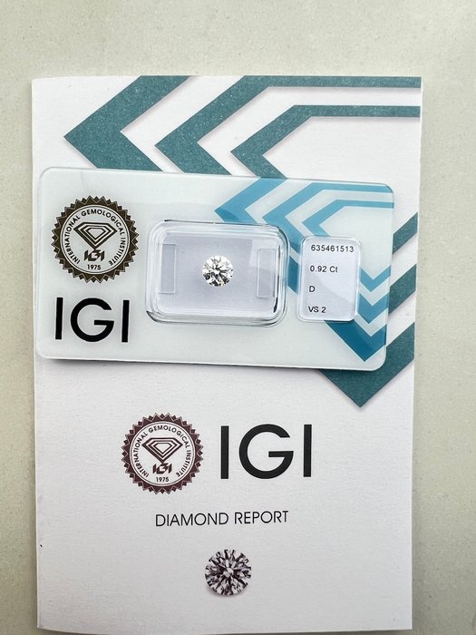 Ingen mindstepris - 1 pcs Diamant  (Natur)  - 0.92 ct - Rund - D (farveløs) - VS2 - International Gemological Institute (IGI)