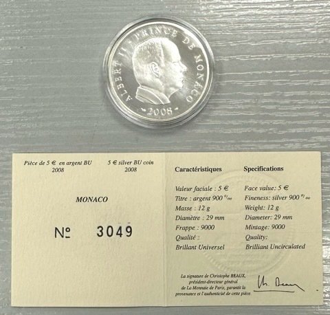 Monaco. 5 Euro 2008 "Albert II"  (Ingen mindstepris)