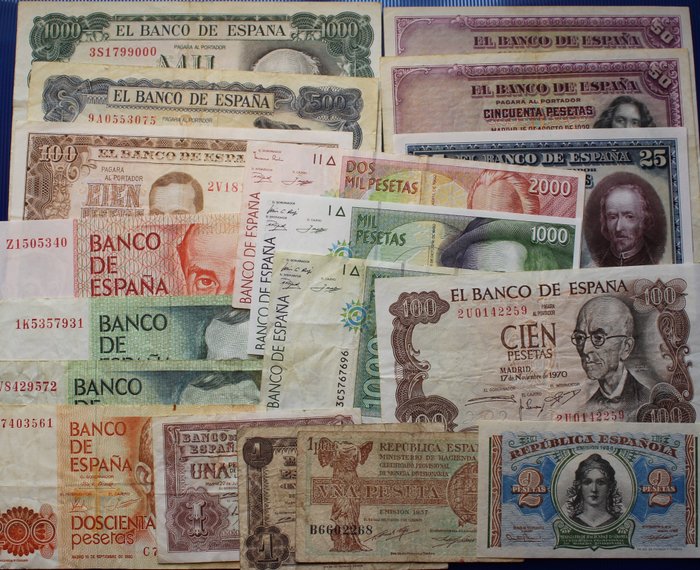 Spanien. - 18 Banknotes - Various Dates  (Ingen mindstepris)