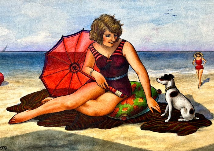 Marcello Martini (1889-1950) - Ragazza in spiaggia con cane - NO RESERVE