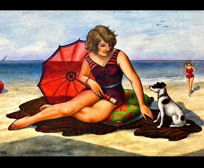 Marcello Martini (1889-1950) - Ragazza in spiaggia con cane - NO RESERVE