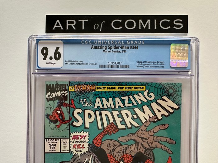 The Amazing Spider-Man #344 - Cletus Kasady (Carnage) - 1st Full Appearance Of Cardiac - CGC Graded 9.6!! - Extremely High Grade!! - Very Hot Key Book!! - White Pages! - 1 Graded comic - Første udgave - 1991