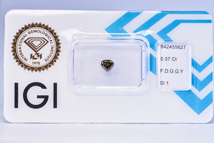 Ingen mindstepris - 1 pcs Diamant  (Naturfarvet)  - 0.37 ct - Pære - Fancy dark Grålig, Grønlig Gul - SI1 - International Gemological Institute (IGI)