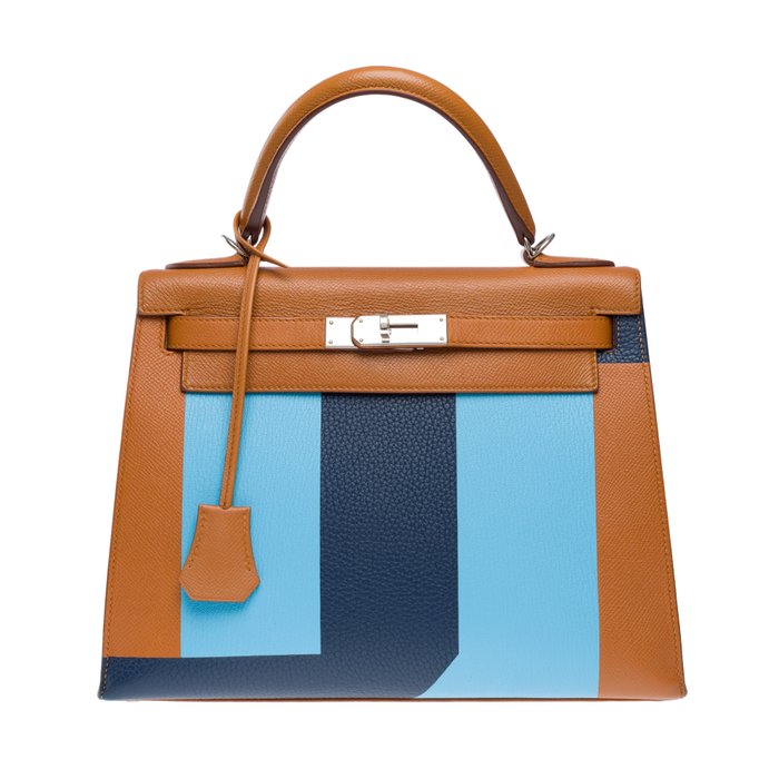 Hermès - Limited edition KellyGraphie Hermès Kelly 28 handbag strap in Gold and blue leather, PHW - Håndtaske