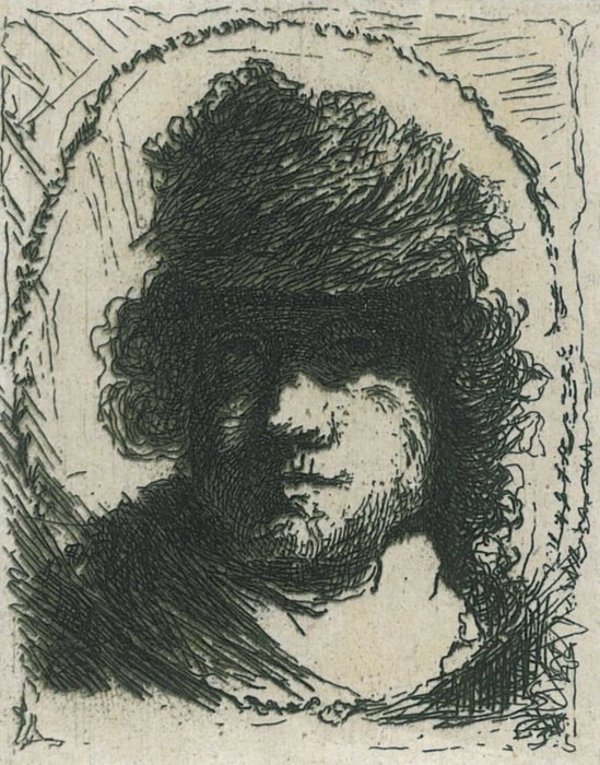 Rembrandt Harmensz. Van Rijn (1606-1669), after - Zelfportret met hoofddeksel van bont, in ovaal kader: buste