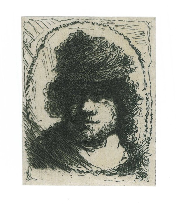 Rembrandt Harmensz. Van Rijn (1606-1669), after - Zelfportret met hoofddeksel van bont, in ovaal kader: buste