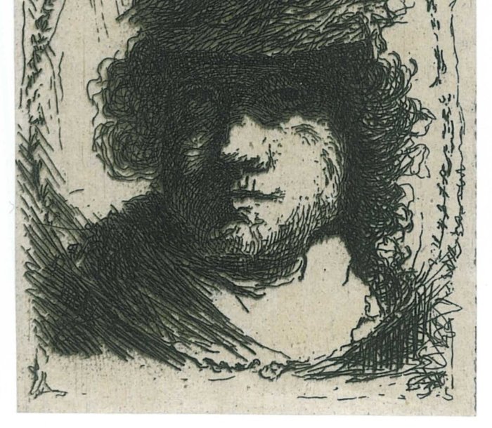 Rembrandt Harmensz. Van Rijn (1606-1669), after - Zelfportret met hoofddeksel van bont, in ovaal kader: buste