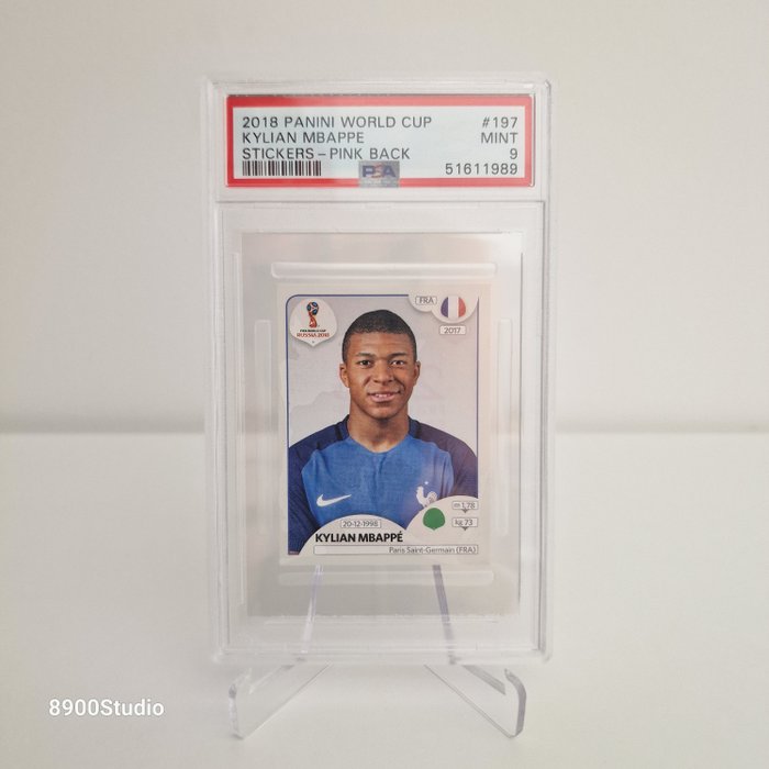 2018 Panini Russia 2018 World Cup Kylian Mbappé #197 - Pink Back (Rookie WC) PSA 9 - 1 Graded sticker