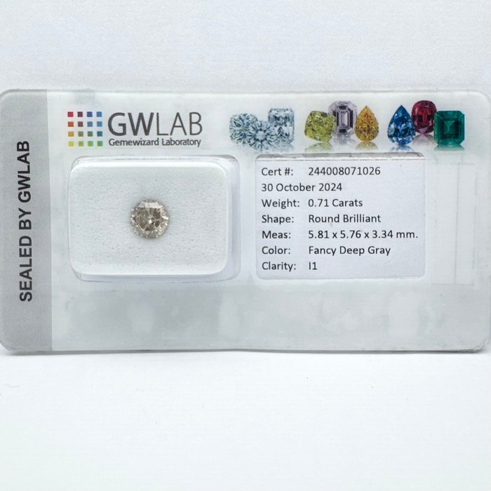 Ingen mindstepris - 1 pcs Diamant  (Naturfarvet)  - 0.71 ct - Rund - Fancy deep Grå - I1 - Gemewizard Gemological Laboratory (GWLab)