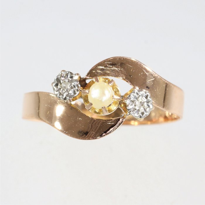 Ingen mindstepris - Ring - 18 kraat Rosaguld - Diamant - Perle, antik, 1900