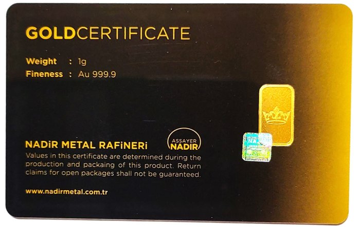 1 gram - Guld 999 - Nadir - Forseglet  Med certifikat  (Ingen mindstepris)