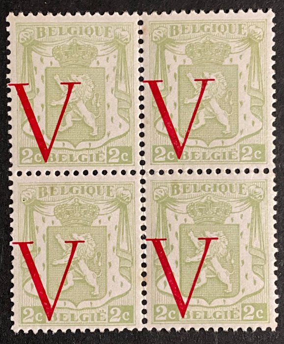 Belgien 1944/1974 - Lille statsvåben med påtryk "Red V" - Curiosity "Shifted Imprint" - BLOK af 4 - OBP 670-Cu