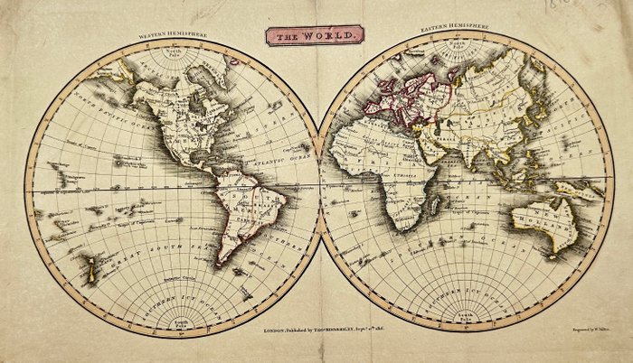 World - vestlige halvkugle og østlige halvkugle; William Milton / Thomas Kinnersley - Kinnersley's New and Accurate Map of the World - 1801-1820