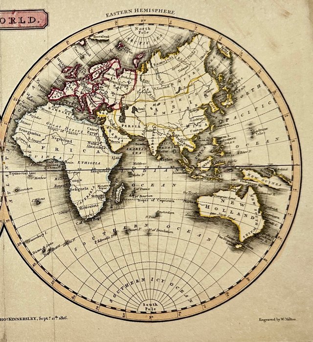 World - vestlige halvkugle og østlige halvkugle; William Milton / Thomas Kinnersley - Kinnersley's New and Accurate Map of the World - 1801-1820