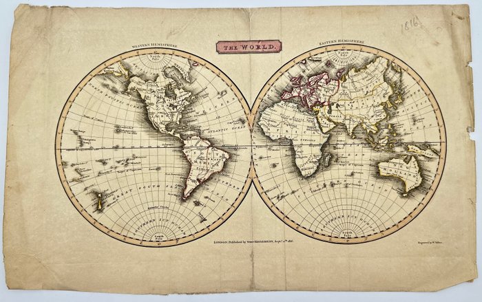 World - vestlige halvkugle og østlige halvkugle; William Milton / Thomas Kinnersley - Kinnersley's New and Accurate Map of the World - 1801-1820