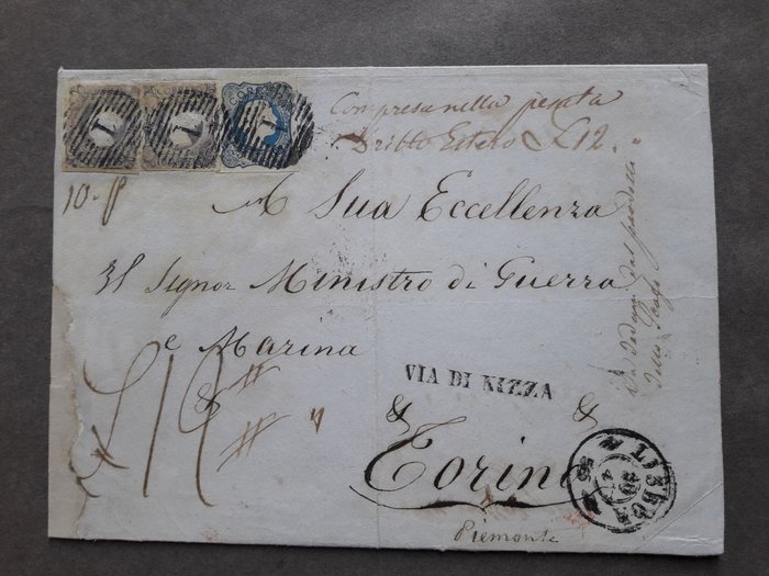 Portugal 1855 - Konvolut med frimærker på 2x100 Reis og 25 Reis Frimærke fra Lissabon Sendt fra Lissabon til Torino