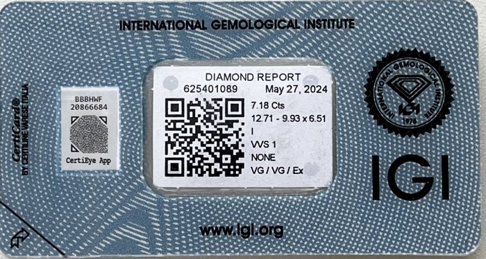 1 pcs Diamant  (Natur)  - 718 ct - Smaragd - I - VVS1 - International Gemological Institute (IGI)