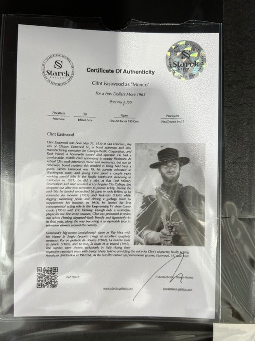 For a Few Dollars More (1965) - Clint Eastwood - Fine Art Photography - Luxury Wooden Framed 70X50 cm - Limited Edition Nr 04 of 50 - Serial ID 16378 - Original Certificate (COA), Hologram Logo Editor and QR Code - 100% New items.