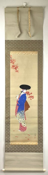 Japansk maleri - Kinpō 金鳳 signatur, skønhedsfigur, hængende rulle, håndmalet på silke, ben - Kinpō  金鳳 - Japan - 20. århundrede