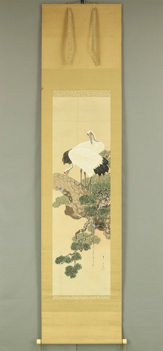 Twin Cranes and Pine Tree with Box - with signature 'Kogai' 古崖 and seal 'Kogai' 古厓 - Japan  (Ingen mindstepris)