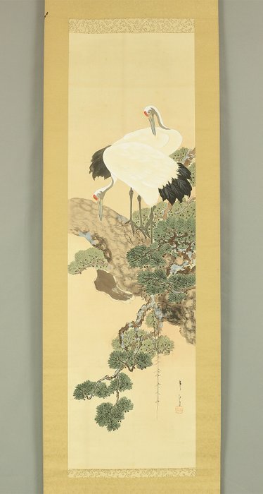 Twin Cranes and Pine Tree with Box - with signature 'Kogai' 古崖 and seal 'Kogai' 古厓 - Japan  (Ingen mindstepris)