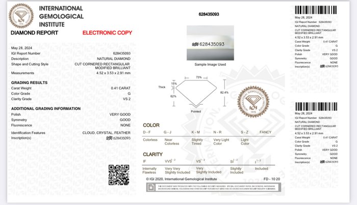 1 pcs Diamant  (Natur)  - 041 ct - Radiant - G - VS2 - International Gemological Institute (IGI)